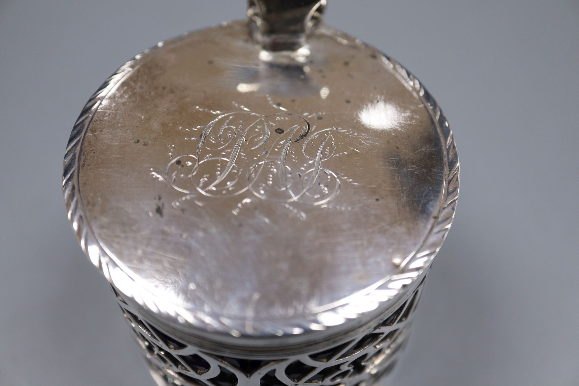 A George III pierced silver drum mustard, with engraved initials, Burrage Davenport, London, 1771, 70mm, 91 grams,